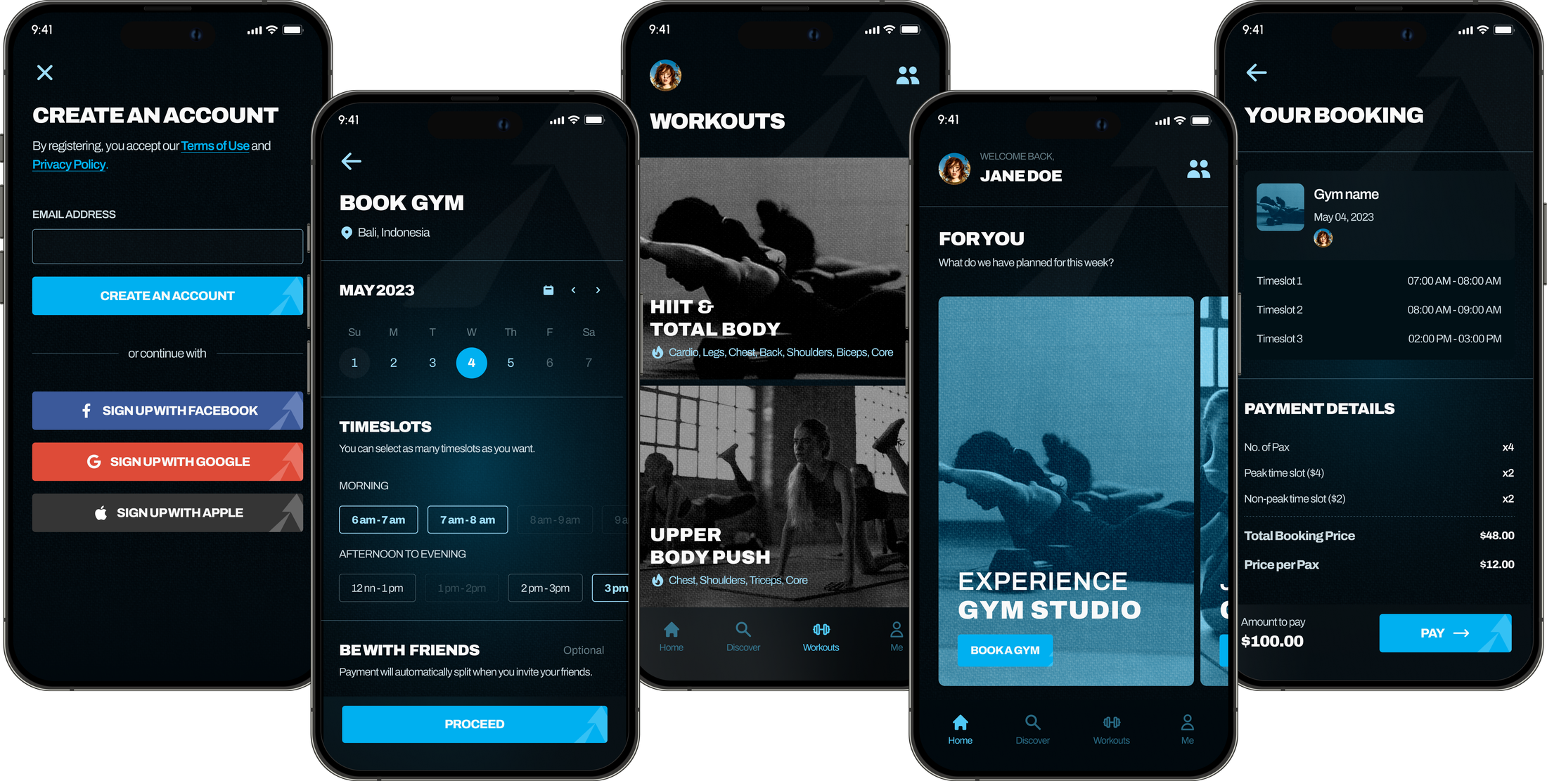 Athletica — account, booking, workouts, home, and payment screens