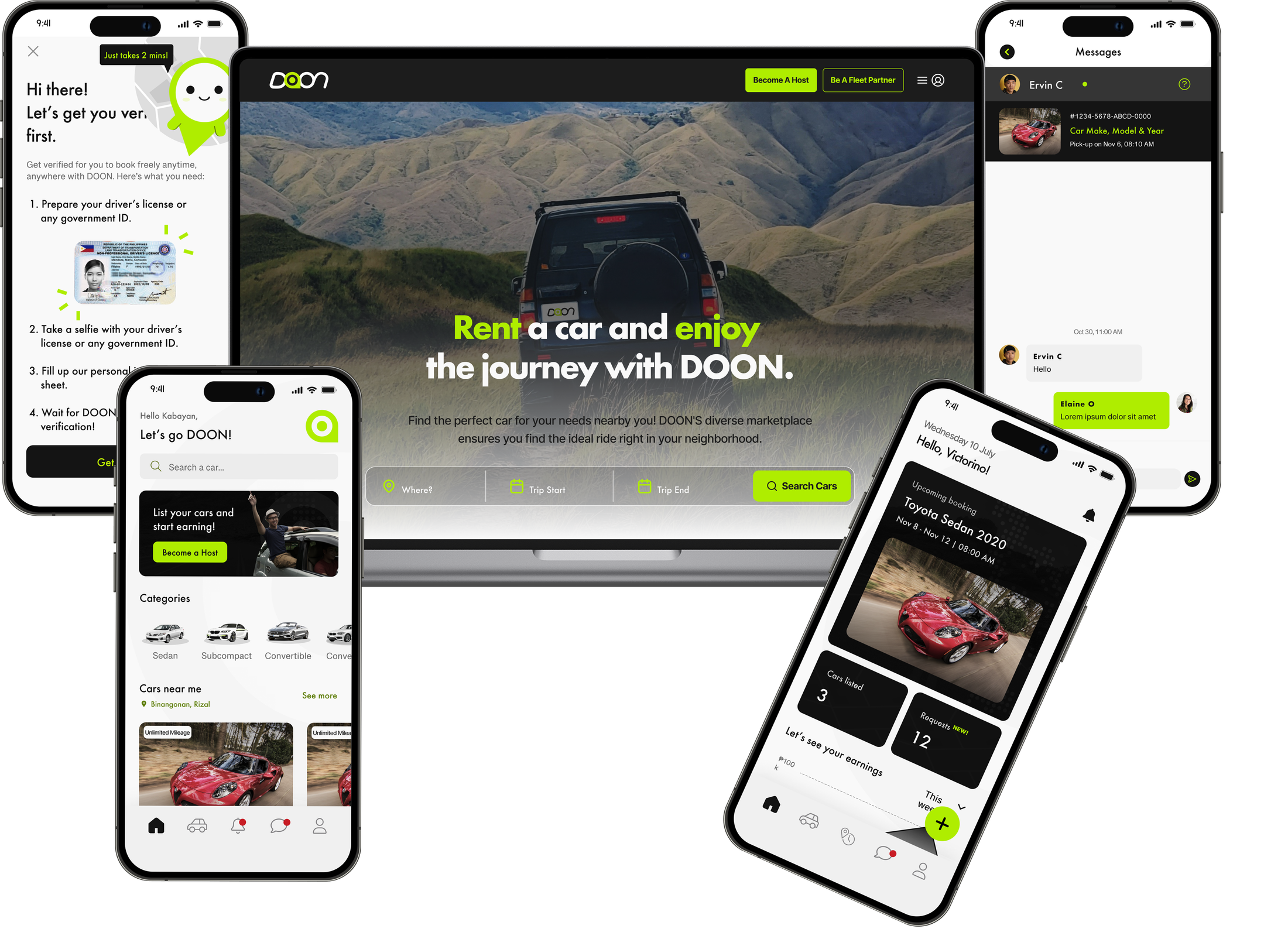 Doon — web landing page, guest, host, and messaging screens