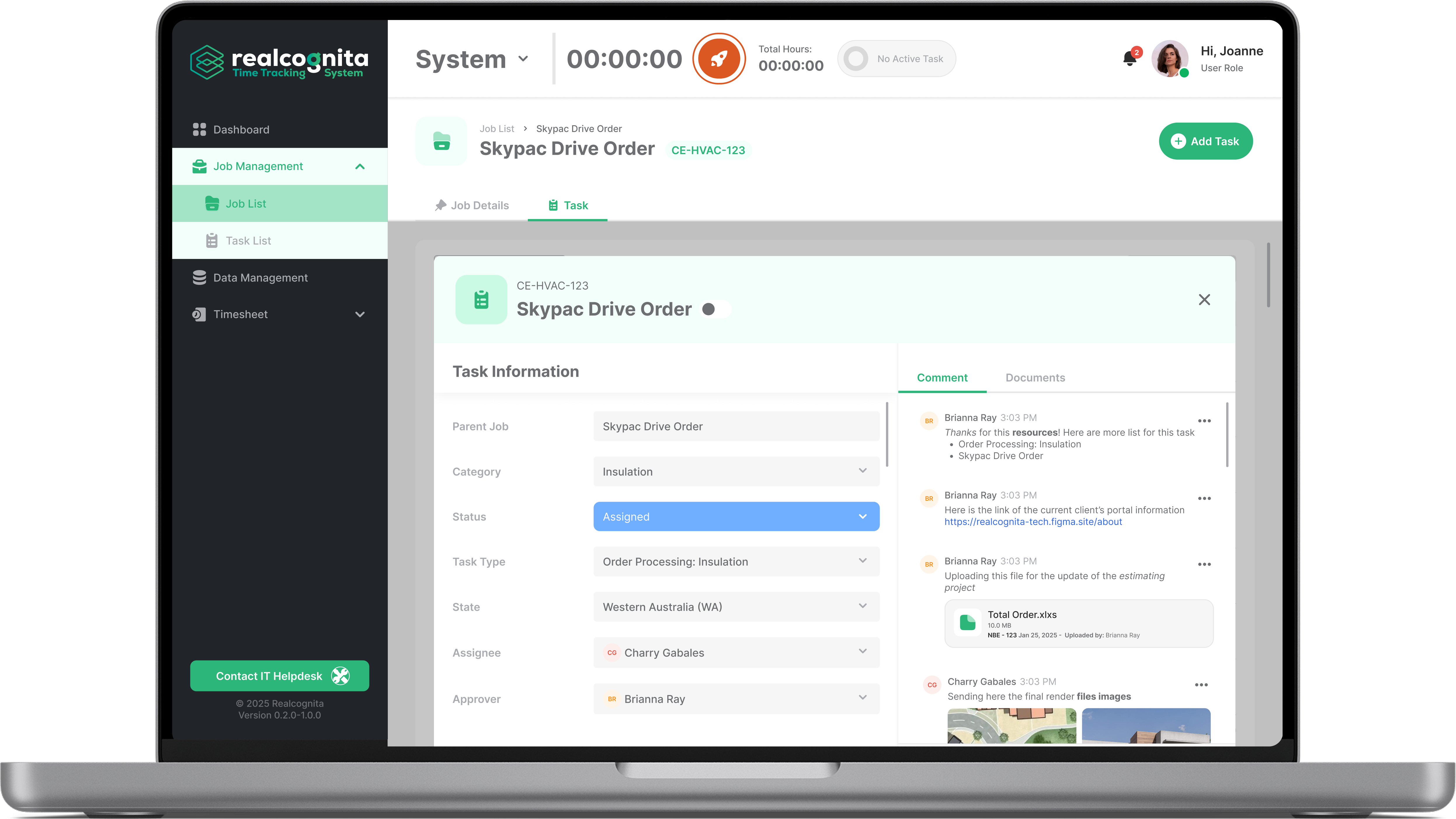 Realcognita Time Tracking System — job task admin screen